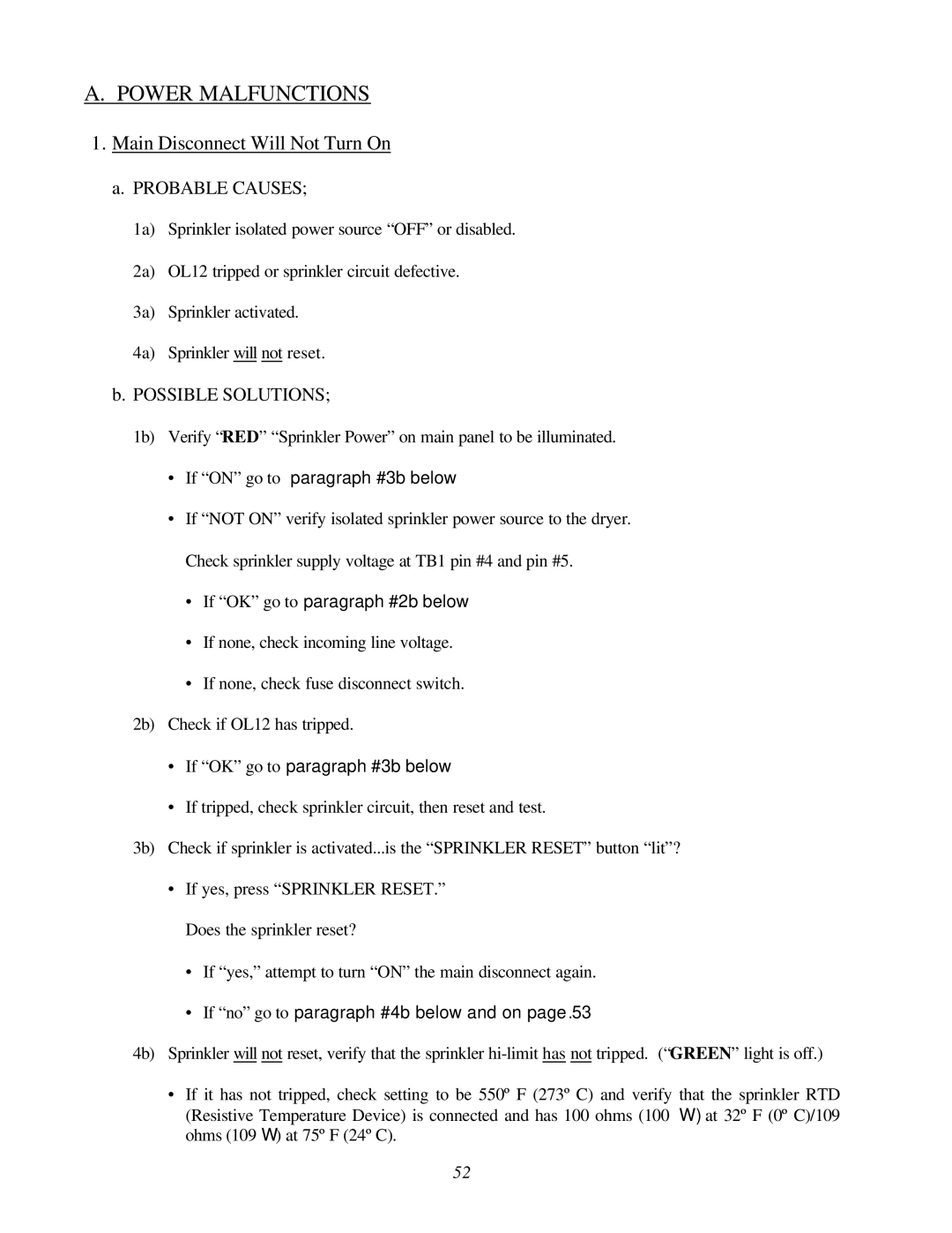 American Dryer Corp ADG-464 manual Power Malfunctions, Probable Causes, Possible Solutions 