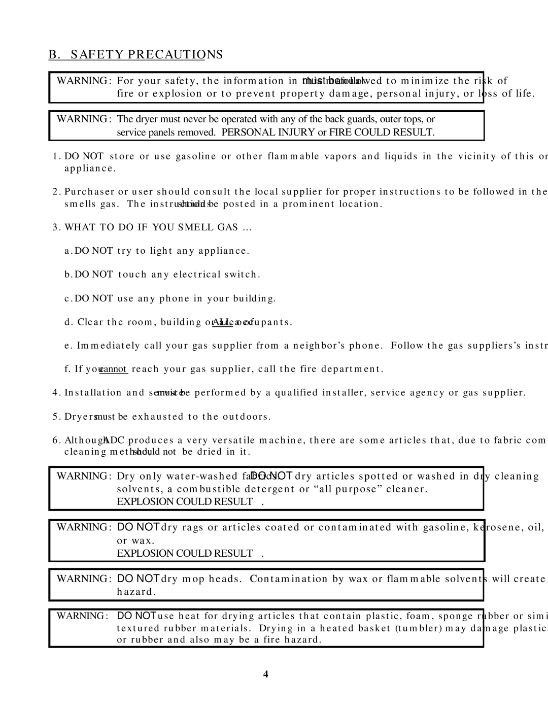 American Dryer Corp ADG-464 manual Safety Precautions, What to do if YOU Smell GAS 