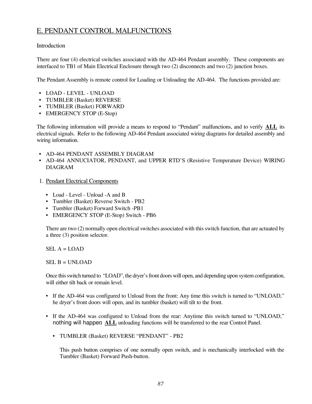 American Dryer Corp ADG-464 manual Pendant Control Malfunctions, Pendant Electrical Components 