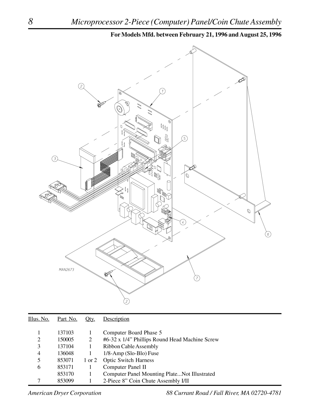 American Dryer Corp ADG-530, WDA-530 manual For Models Mfd. between February 21, 1996 and August 25 