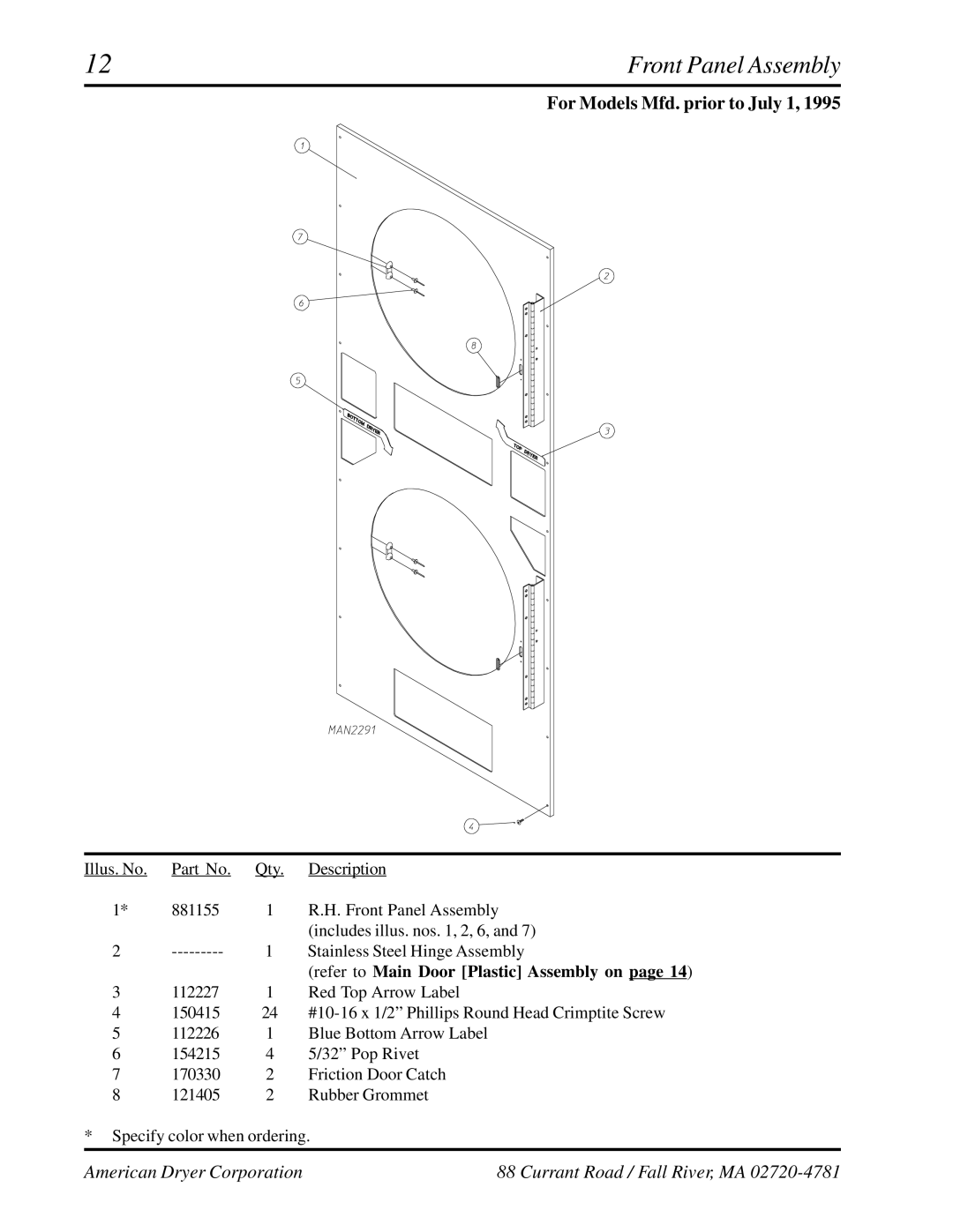 American Dryer Corp ADG-530, WDA-530 manual Refer to Main Door Plastic Assembly on 