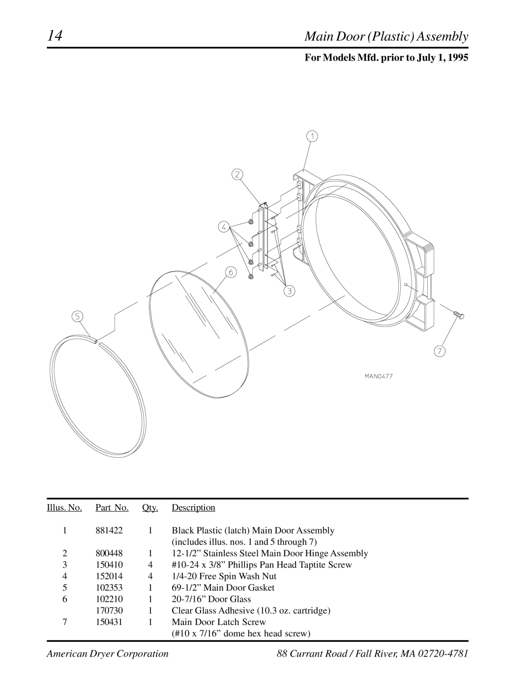 American Dryer Corp ADG-530, WDA-530 manual Main Door Plastic Assembly 