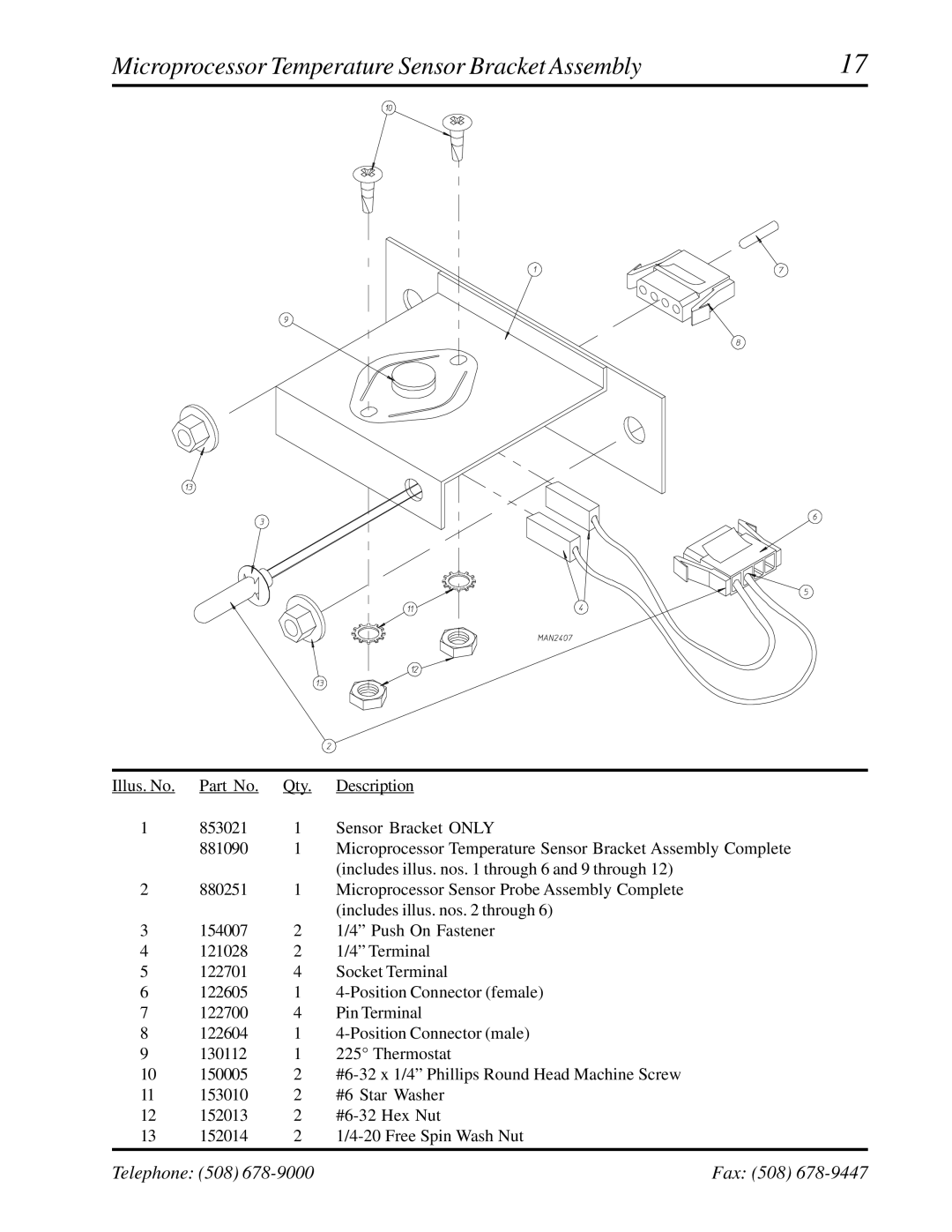 American Dryer Corp WDA-530, ADG-530 manual Microprocessor Temperature Sensor Bracket Assembly 