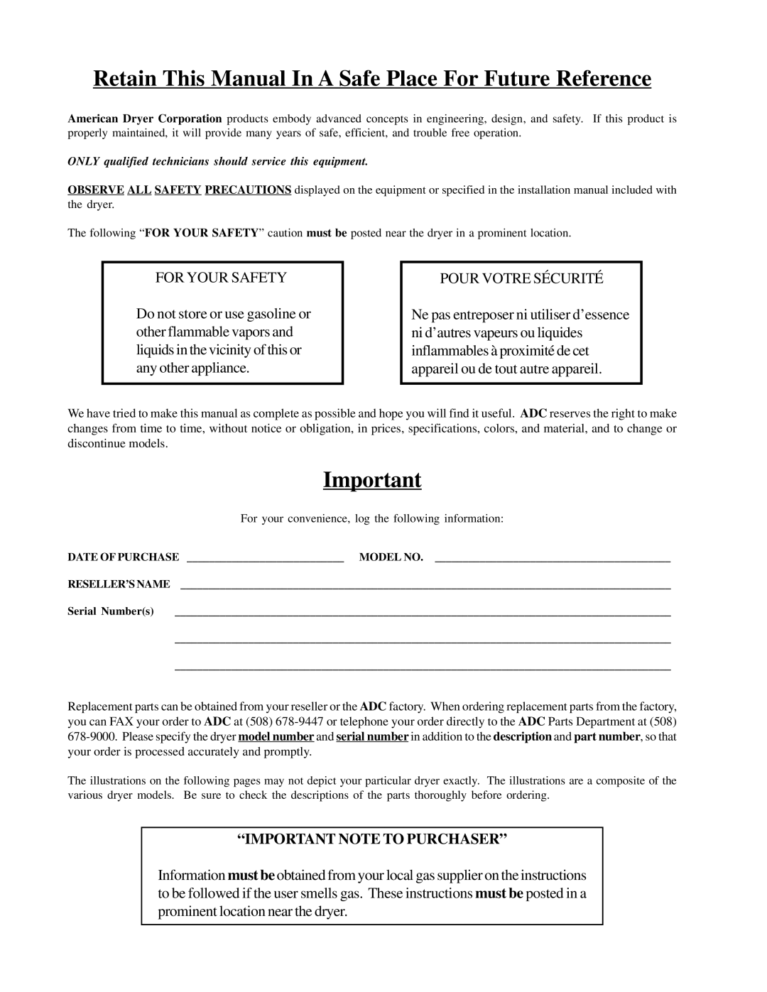 American Dryer Corp ADG-530, WDA-530 manual Retain This Manual In a Safe Place For Future Reference 