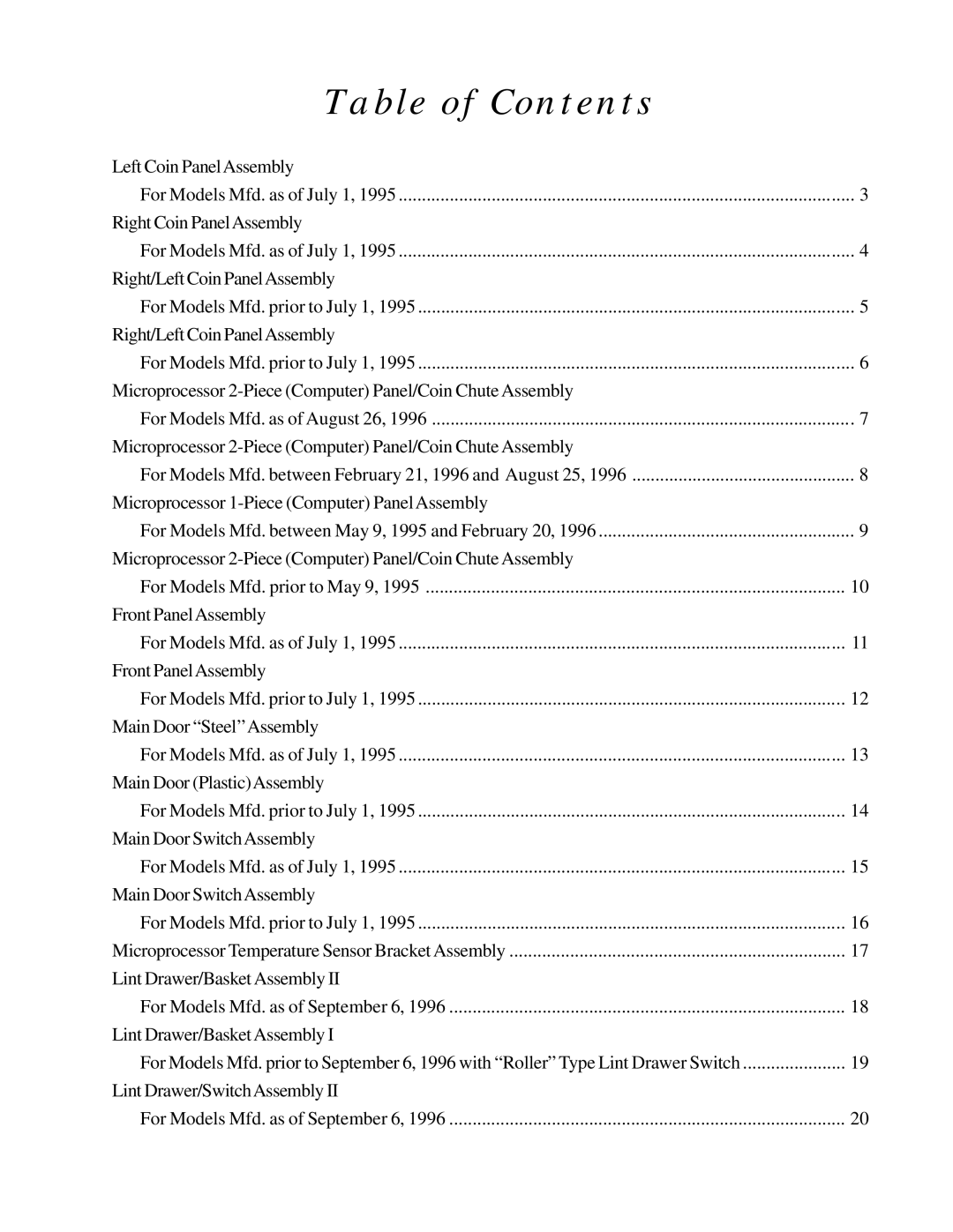 American Dryer Corp WDA-530, ADG-530 manual Table of Contents 