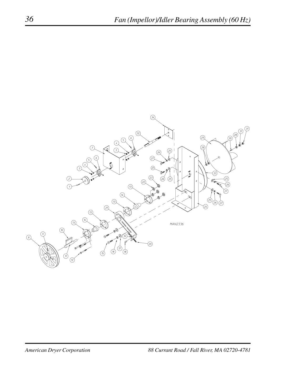 American Dryer Corp ADG-530, WDA-530 manual Fan Impellor/Idler Bearing Assembly 60 Hz 