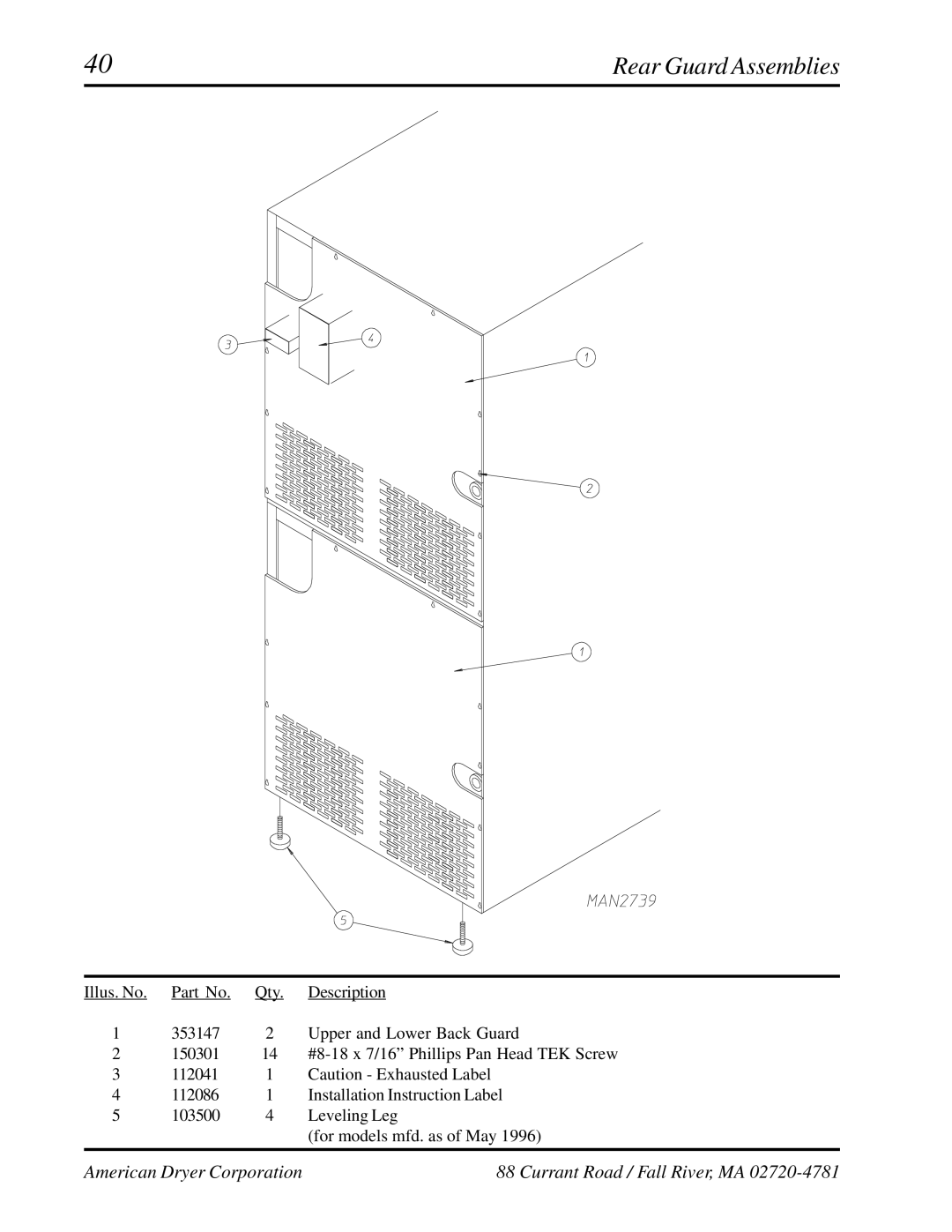 American Dryer Corp ADG-530, WDA-530 manual Rear Guard Assemblies 