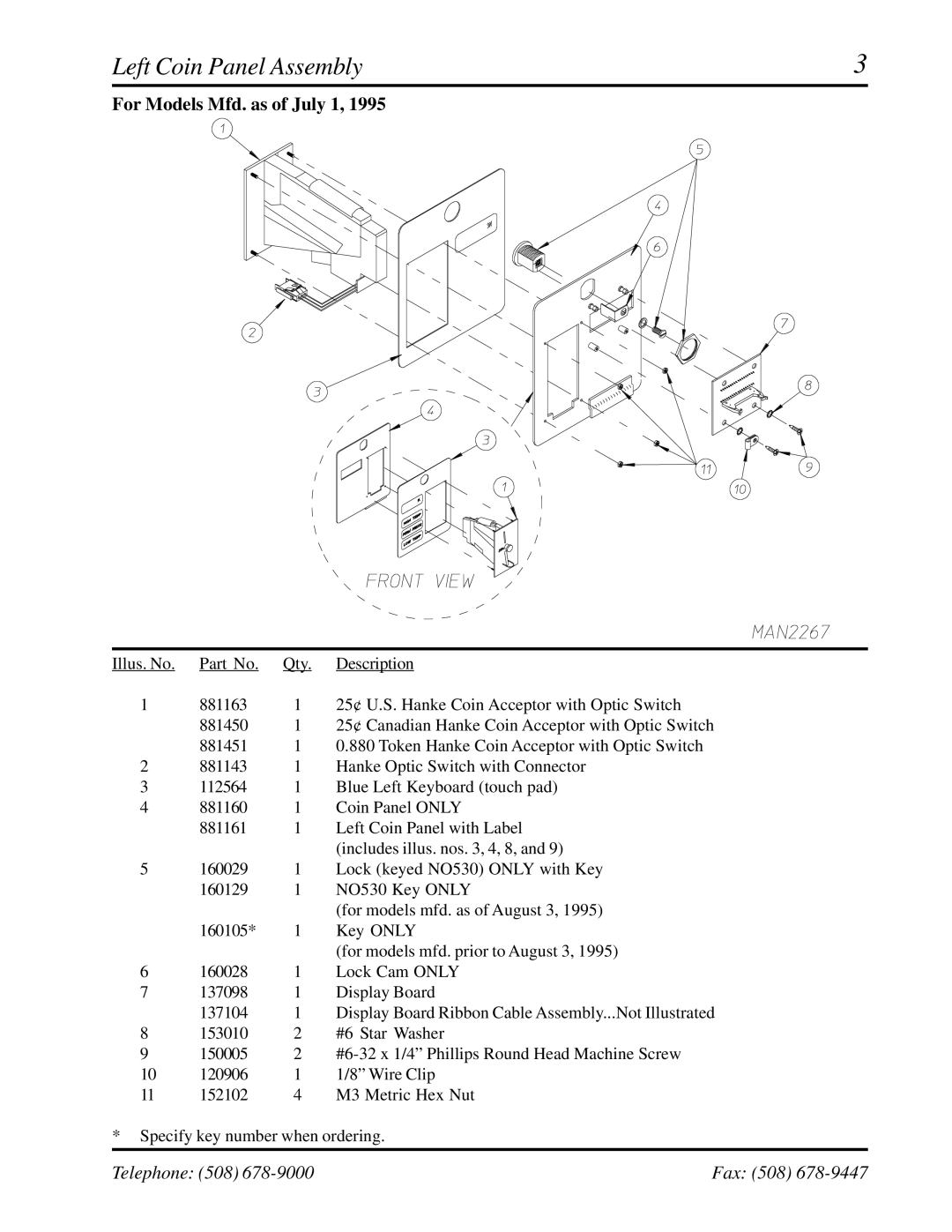 American Dryer Corp WDA-530, ADG-530 manual Left Coin Panel Assembly, For Models Mfd. as of July 1 