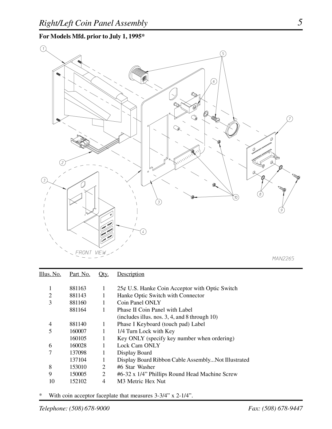 American Dryer Corp WDA-530, ADG-530 manual Right/Left Coin Panel Assembly, For Models Mfd. prior to July 1 