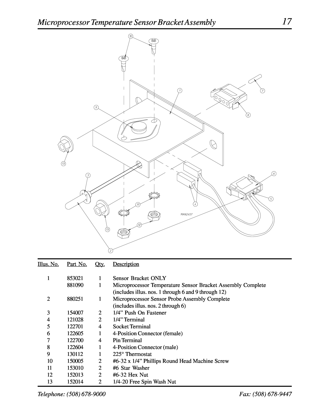 American Dryer Corp WDA-530, ADG-530 manual Microprocessor Temperature Sensor Bracket Assembly, Telephone 508, Fax 508 