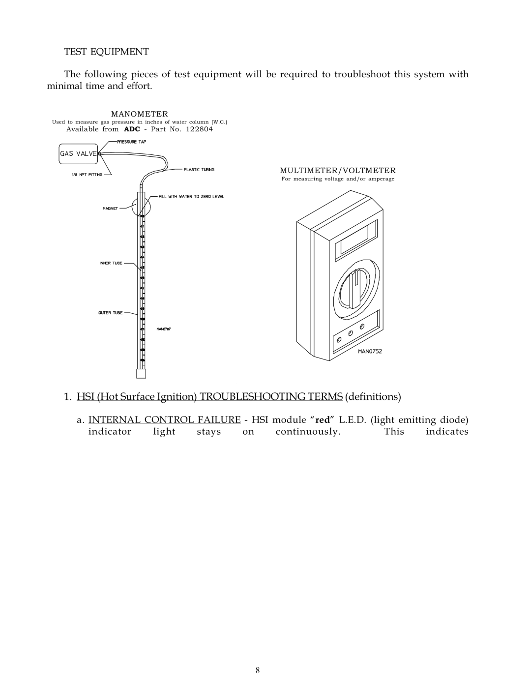 American Dryer Corp ADG-530 technical manual HSI Hot Surface Ignition Troubleshooting Terms definitions, Test Equipment 