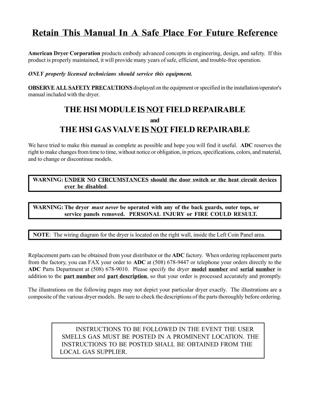 American Dryer Corp ADG-530 technical manual Retain This Manual In a Safe Place For Future Reference 