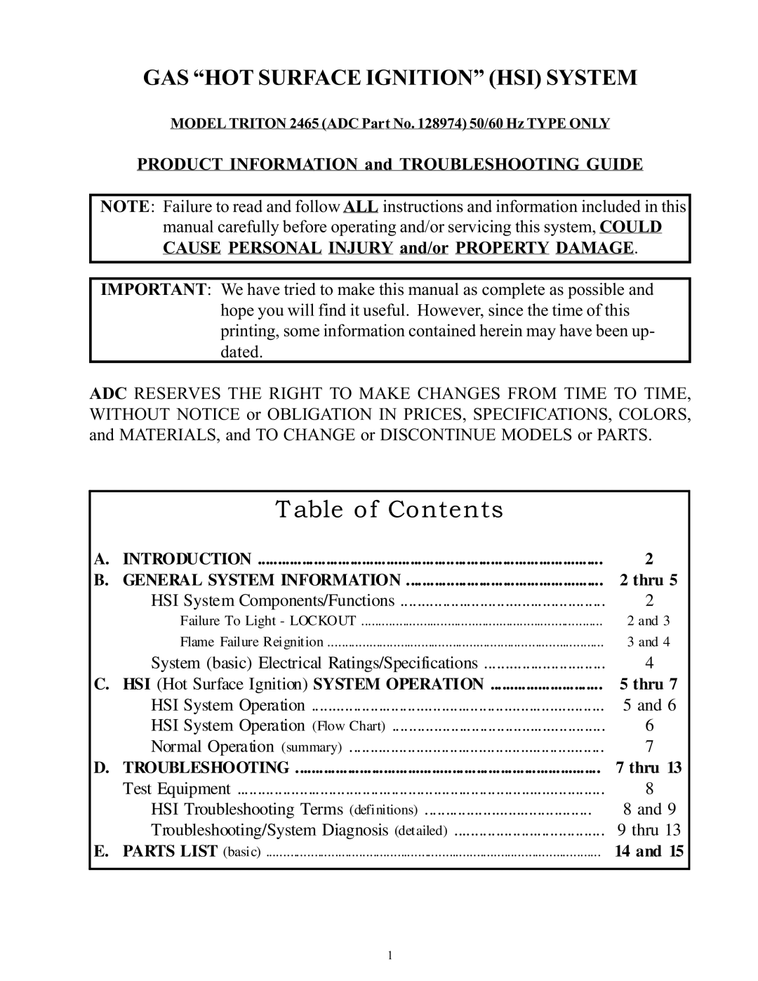 American Dryer Corp ADG-530 technical manual Table of Contents 