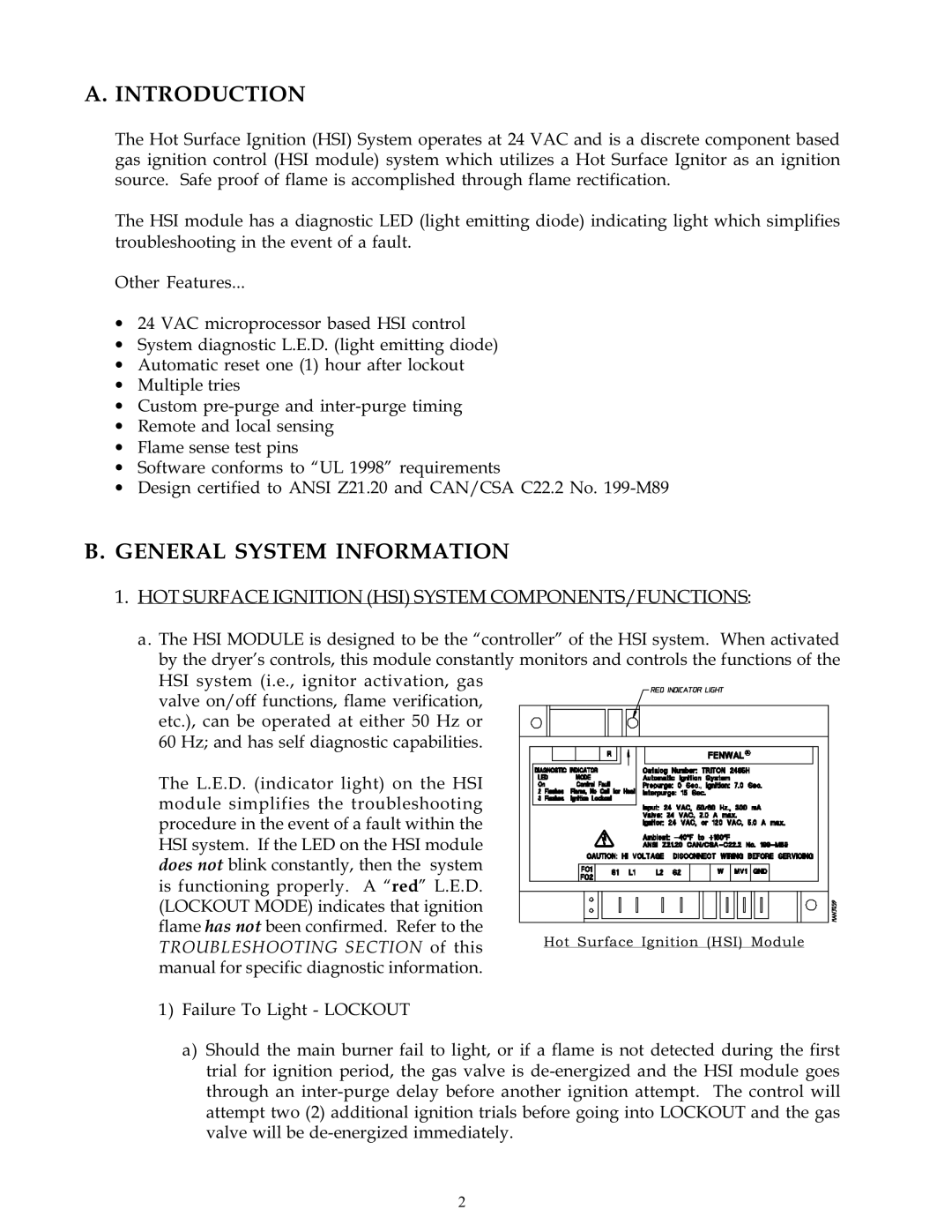 American Dryer Corp ADG-530 technical manual Introduction, HOT Surface Ignition HSI System COMPONENTS/FUNCTIONS 