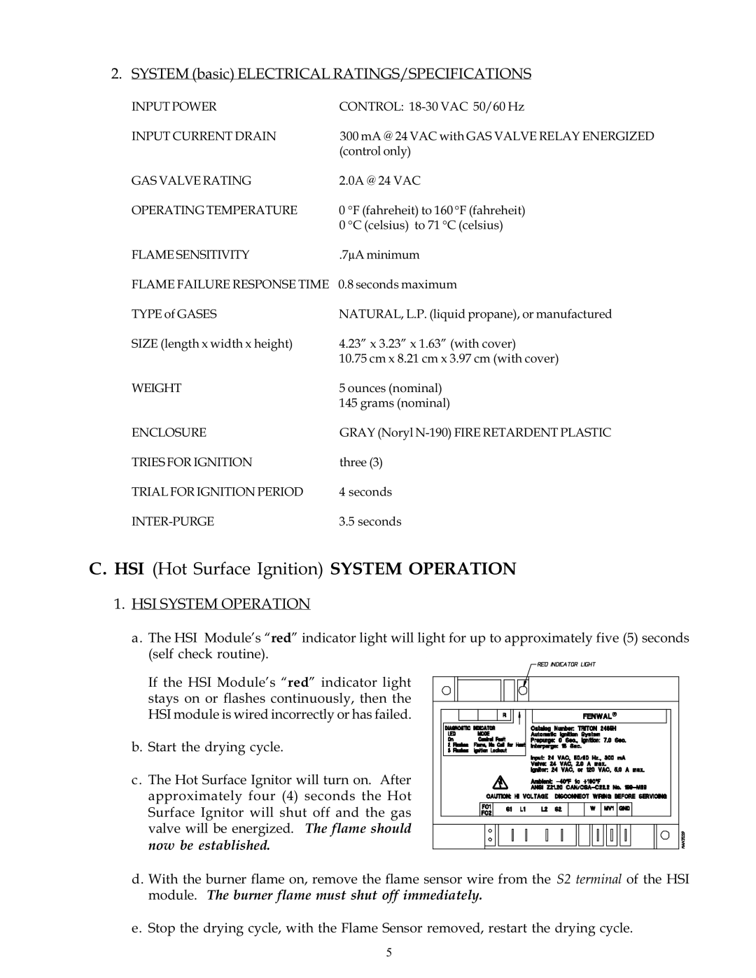 American Dryer Corp ADG-530 technical manual System basic Electrical RATINGS/SPECIFICATIONS, HSI System Operation 