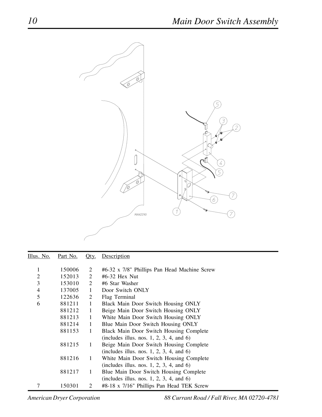 American Dryer Corp ADG-530HS manual Main Door Switch Assembly 