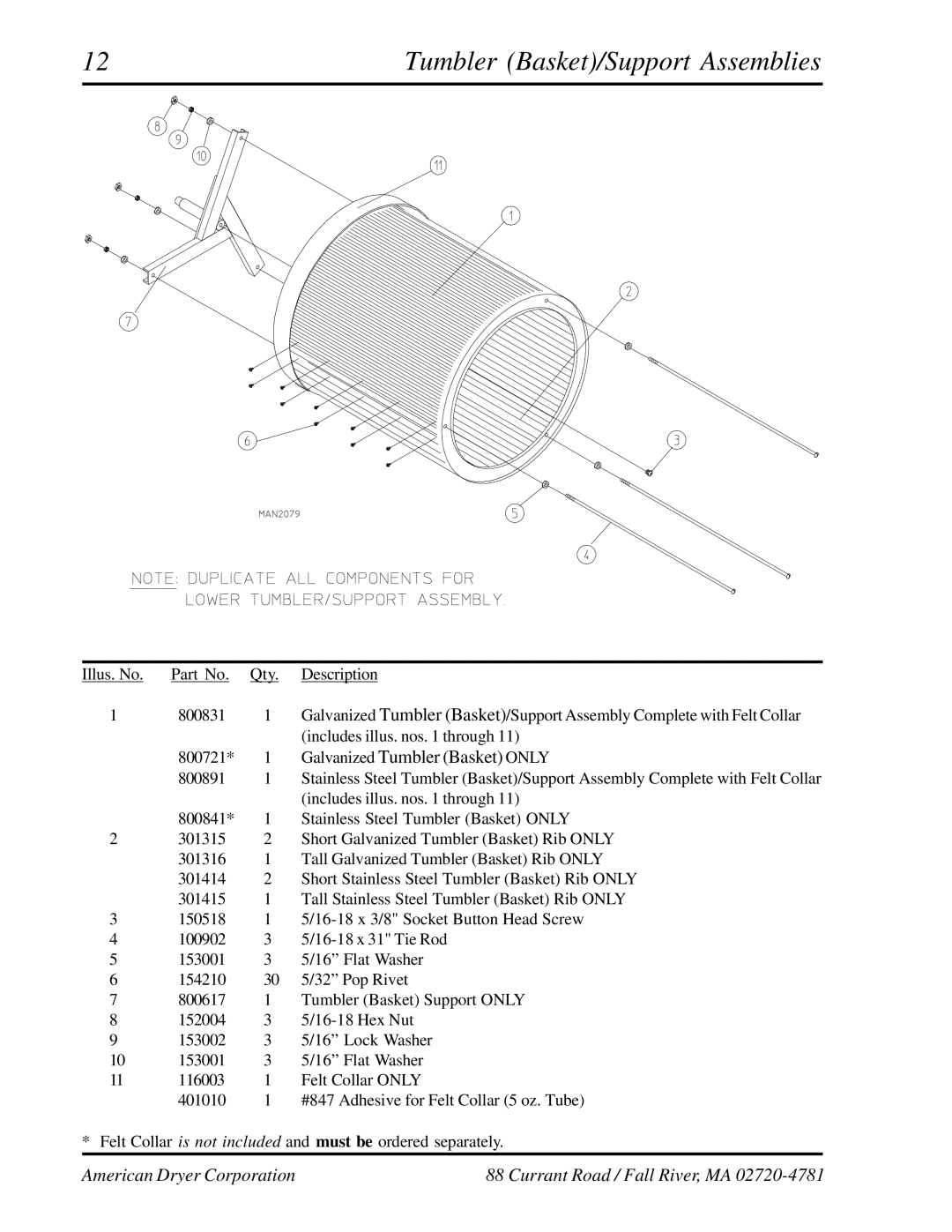 American Dryer Corp ADG-530HS manual Tumbler Basket/Support Assemblies, Galvanized Tumbler Basket only 