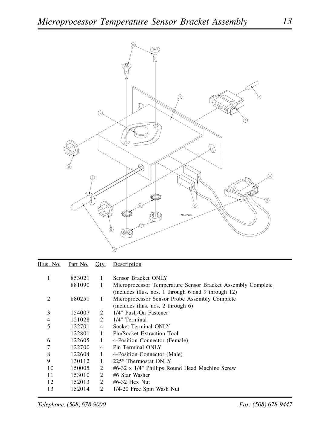 American Dryer Corp ADG-530HS manual Microprocessor Temperature Sensor Bracket Assembly 