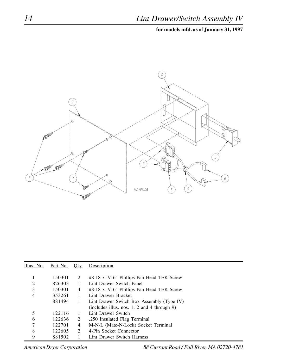 American Dryer Corp ADG-530HS manual Lint Drawer/Switch Assembly, For models mfd. as of January 31 