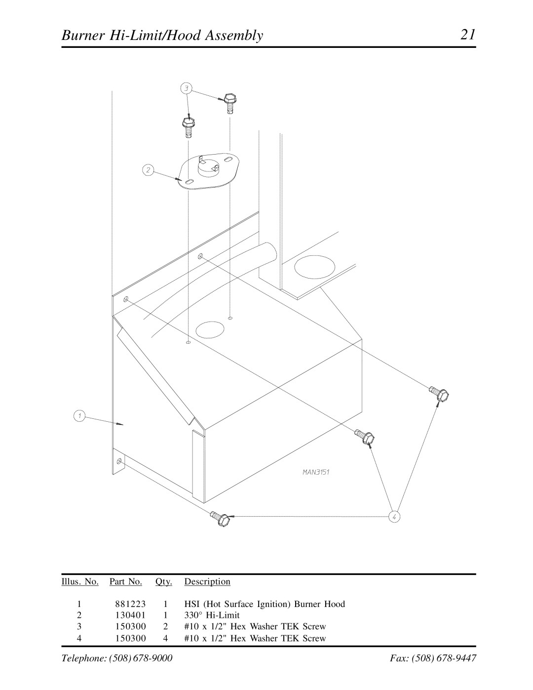 American Dryer Corp ADG-530HS manual Burner Hi-Limit/Hood Assembly 