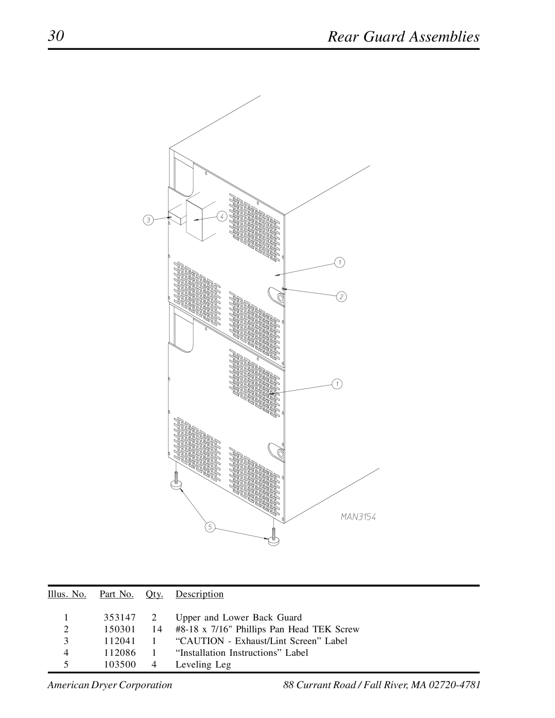 American Dryer Corp ADG-530HS manual Rear Guard Assemblies 