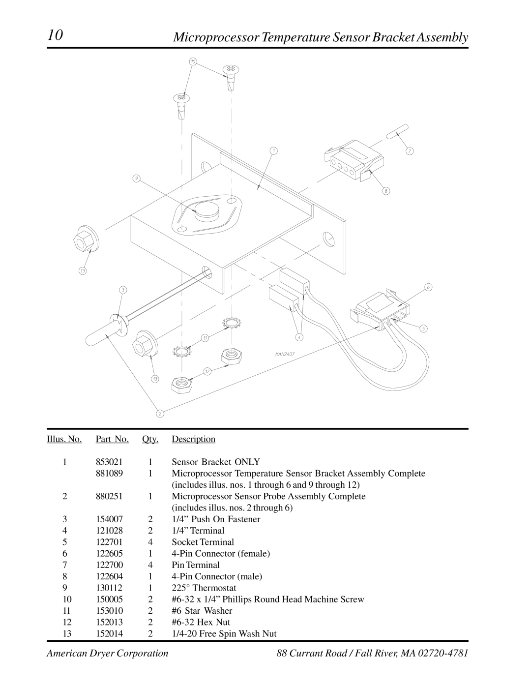 American Dryer Corp ADG-531HS manual Microprocessor Temperature Sensor Bracket Assembly 