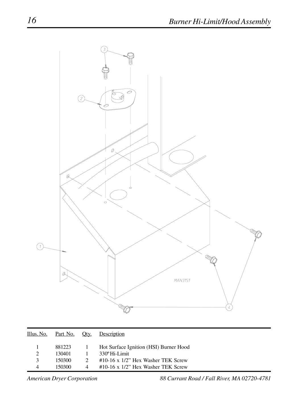 American Dryer Corp ADG-531HS manual Burner Hi-Limit/Hood Assembly 