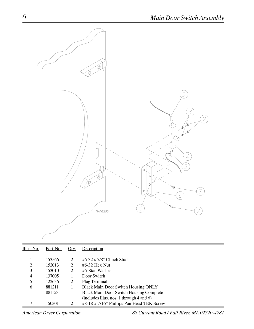 American Dryer Corp ADG-531HS manual Main Door Switch Assembly 