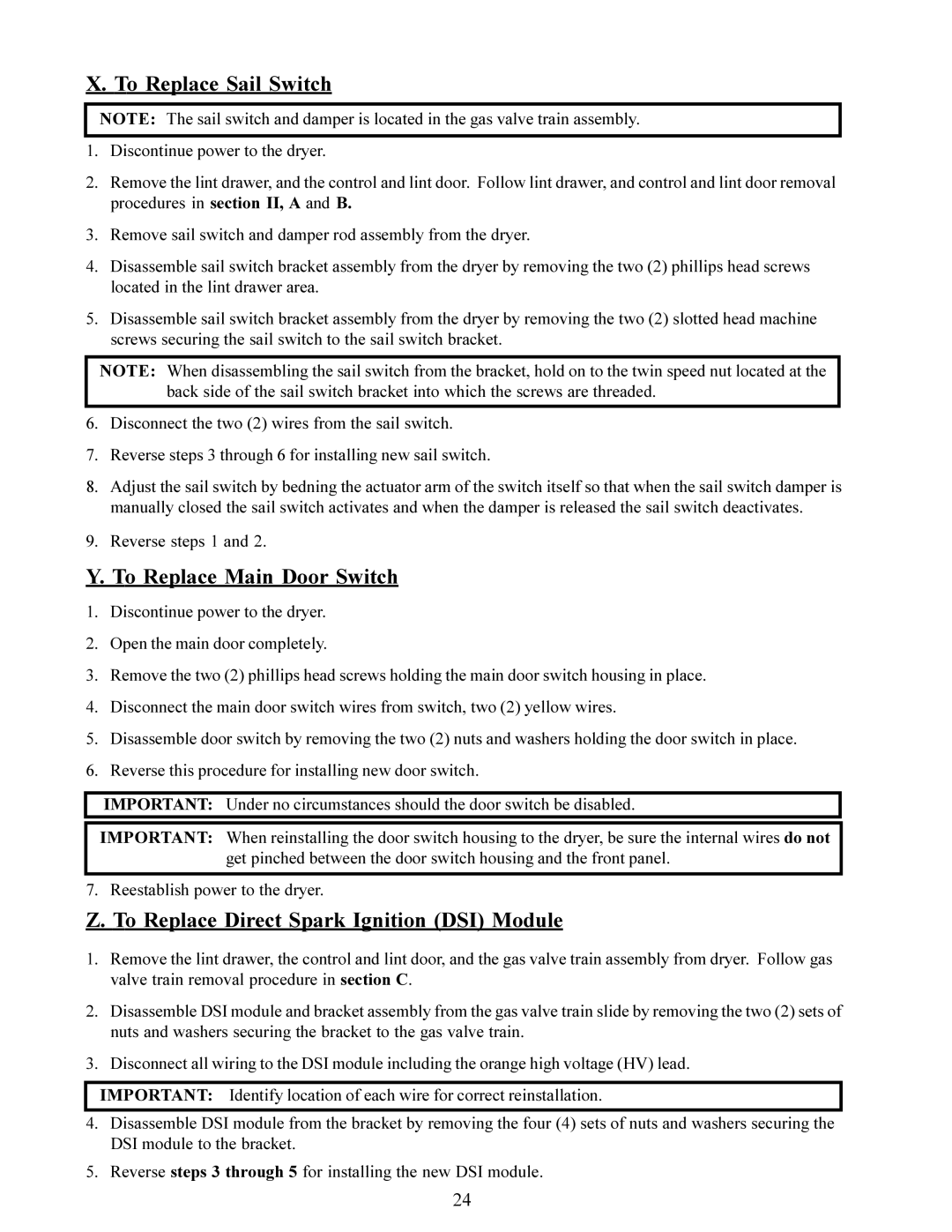 American Dryer Corp ADG-60 service manual To Replace Sail Switch, To Replace Main Door Switch 