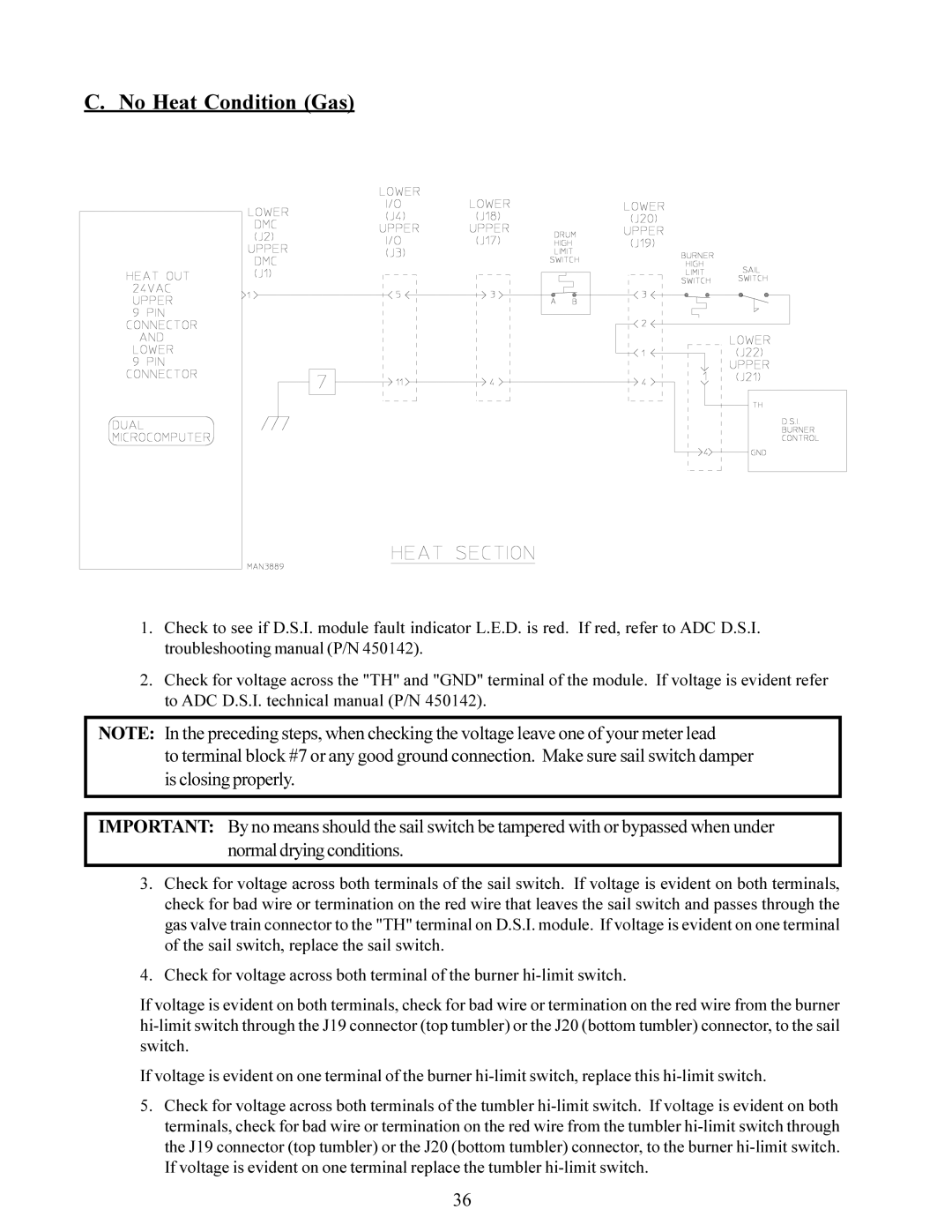 American Dryer Corp ADG-60 service manual No Heat Condition Gas 