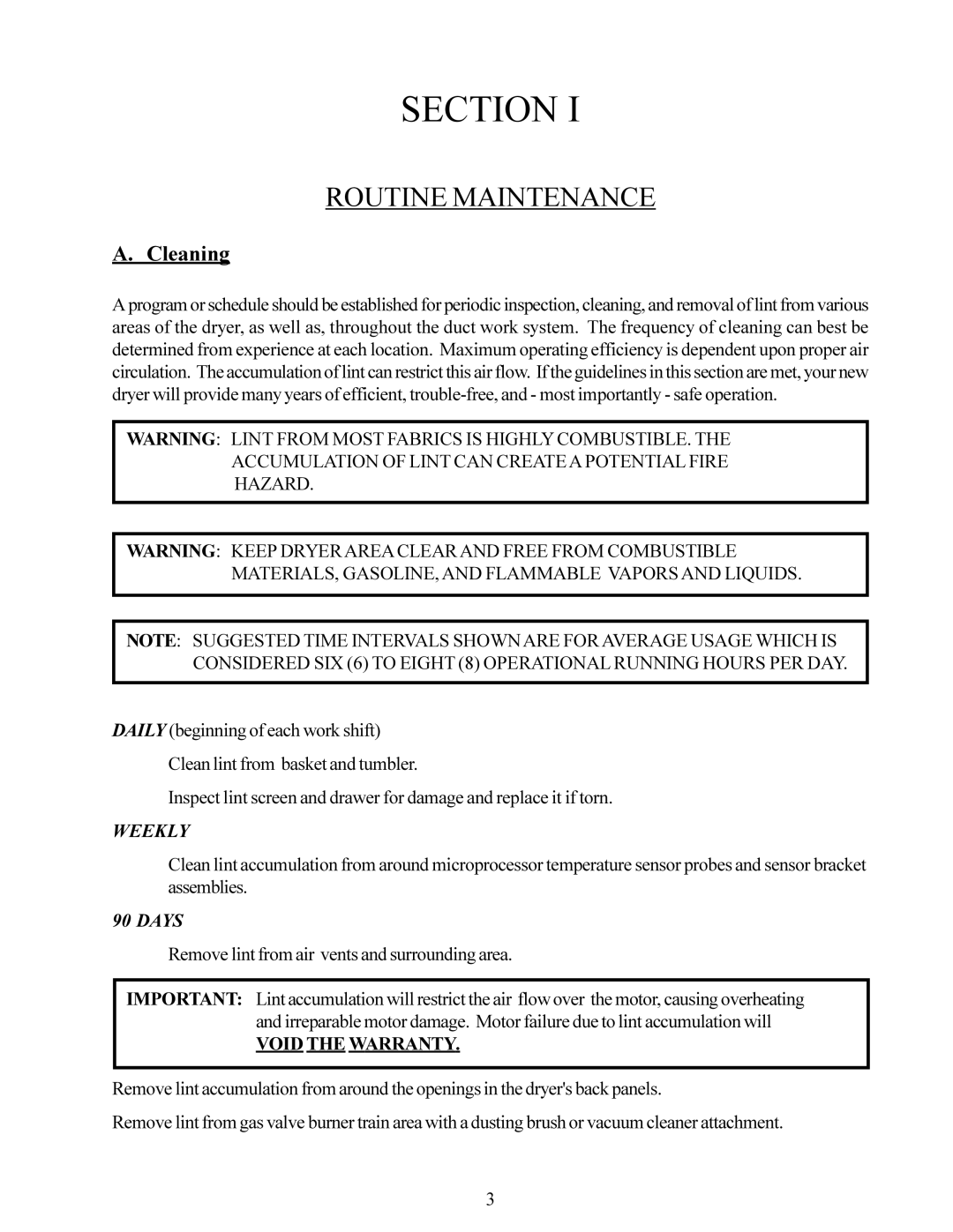 American Dryer Corp ADG-60 service manual Section, Cleaning 