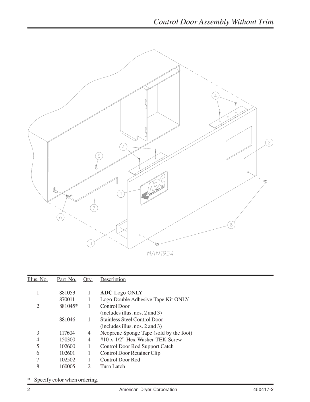 American Dryer Corp ADG-758 manual Control Door Assembly Without Trim 