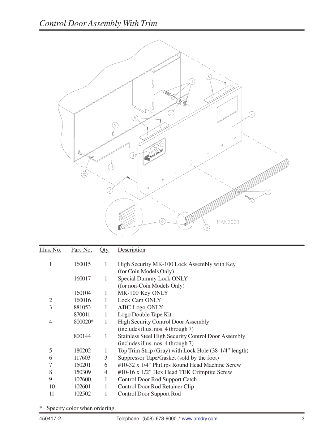 American Dryer Corp ADG-758 manual Control Door Assembly With Trim 