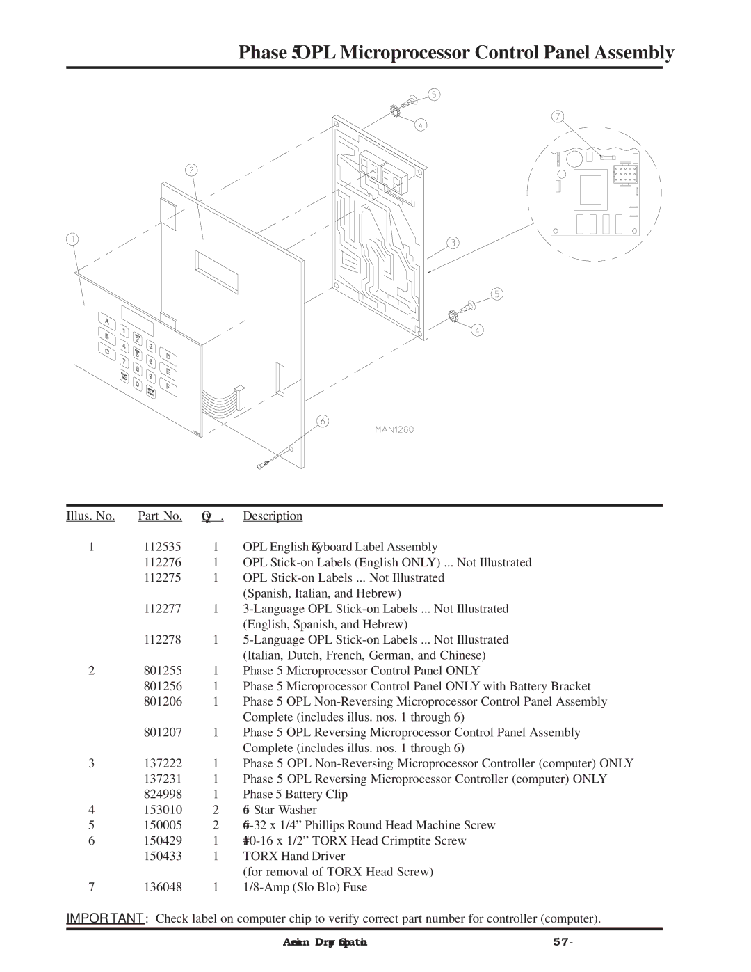 American Dryer Corp ADG-758 manual Phase 5 OPL Microprocessor Control Panel Assembly 