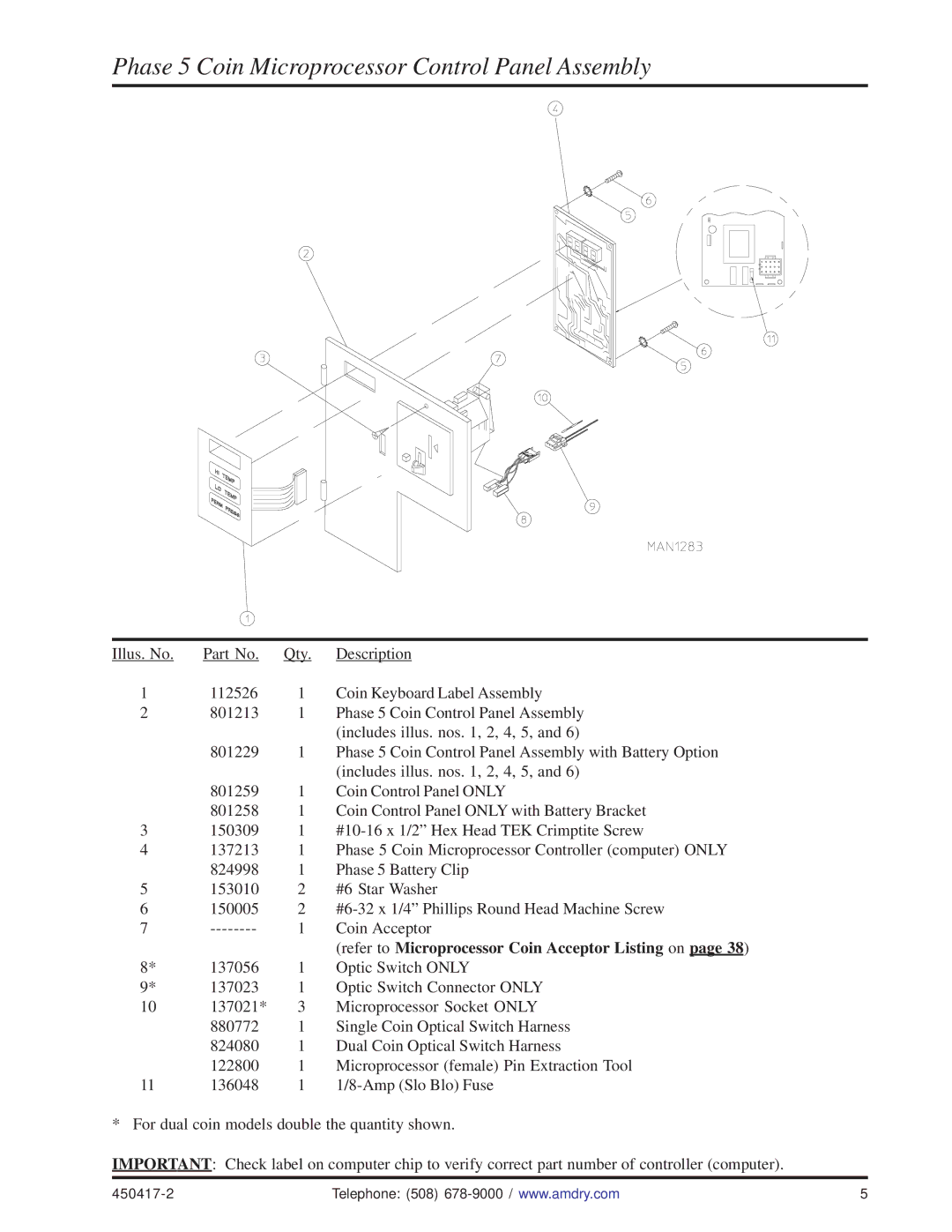 American Dryer Corp ADG-758 manual Phase 5 Coin Microprocessor Control Panel Assembly 