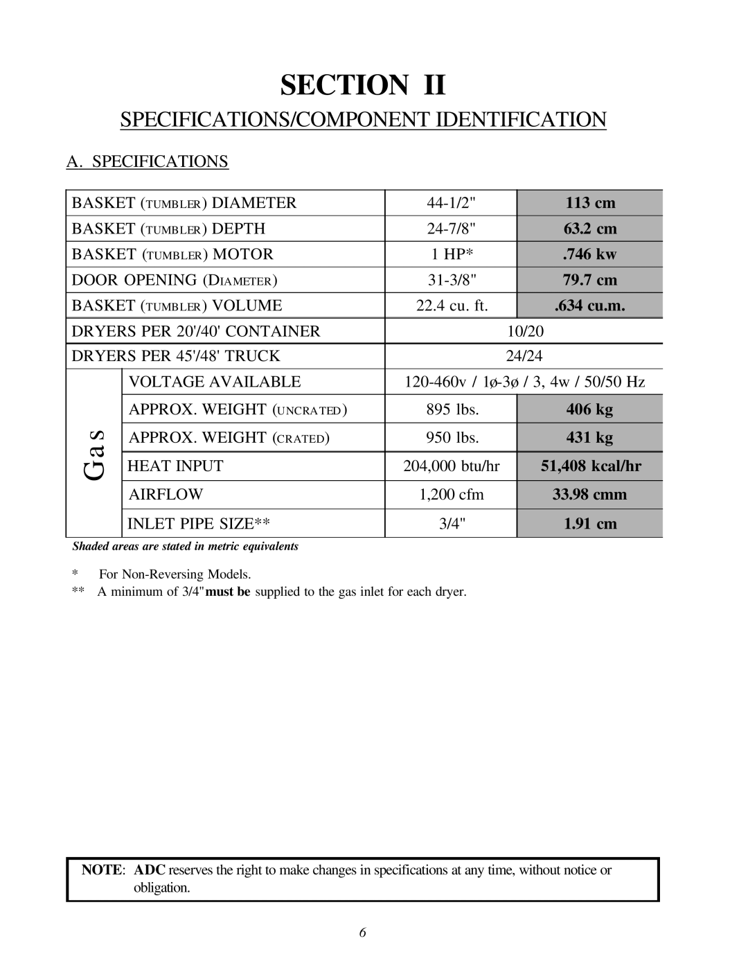 American Dryer Corp ADG-78 II installation manual SPECIFICATIONS/COMPONENT Identification, Specifications 