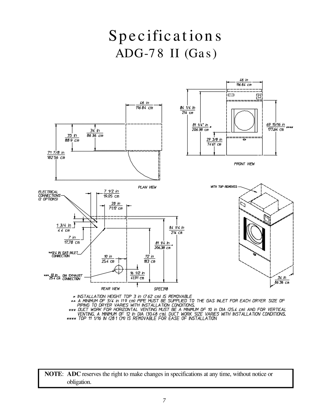 American Dryer Corp ADG-78 II installation manual Specifications 