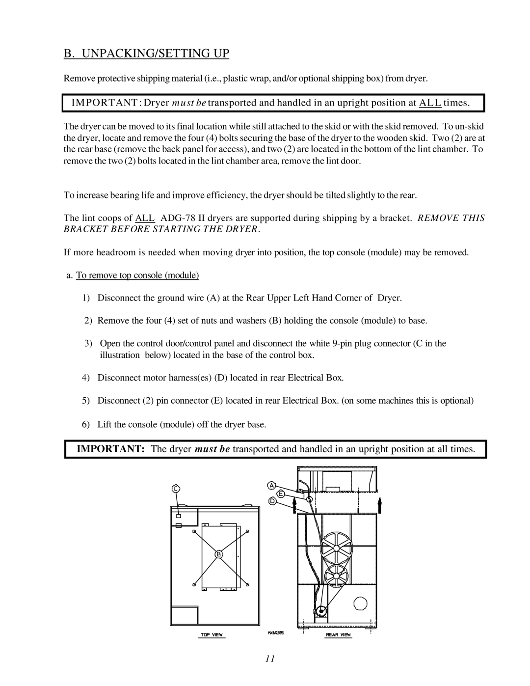 American Dryer Corp ADG-78 II installation manual Unpacking/Setting Up, Bracket Before Starting the Dryer 