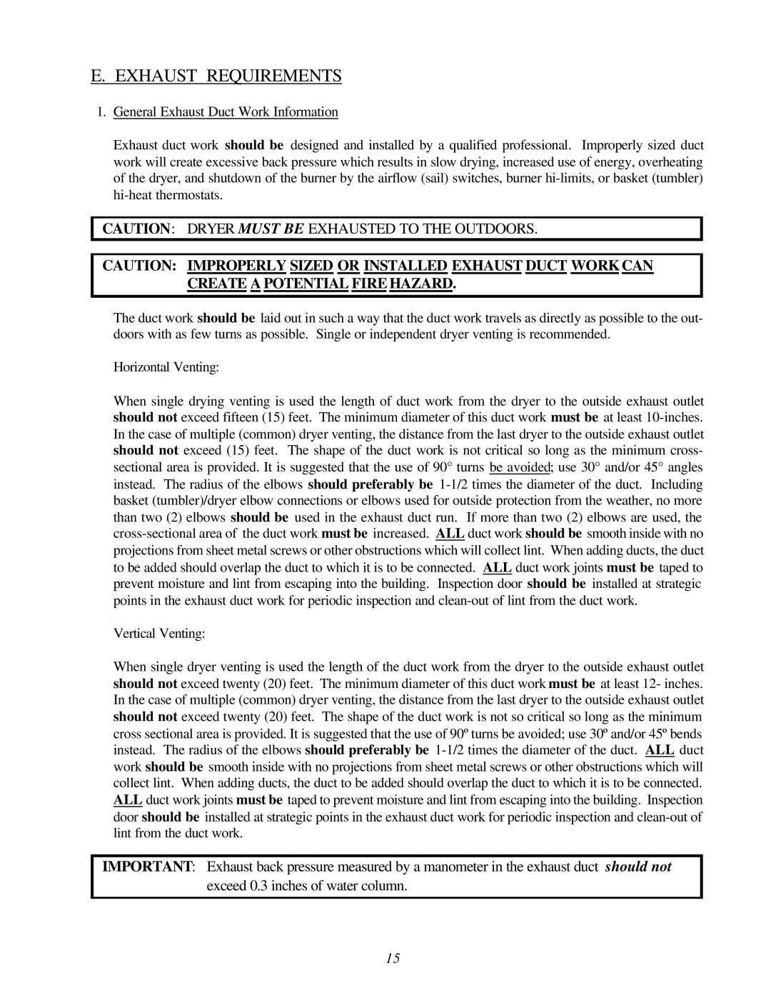 American Dryer Corp ADG-78 II installation manual Exhaust Requirements 