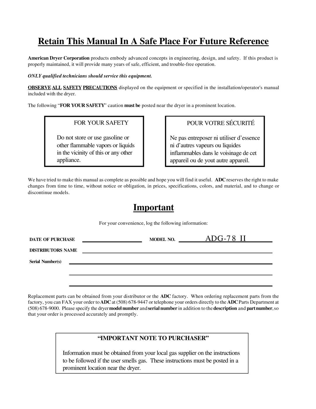 American Dryer Corp ADG-78 II installation manual Retain This Manual In a Safe Place For Future Reference 