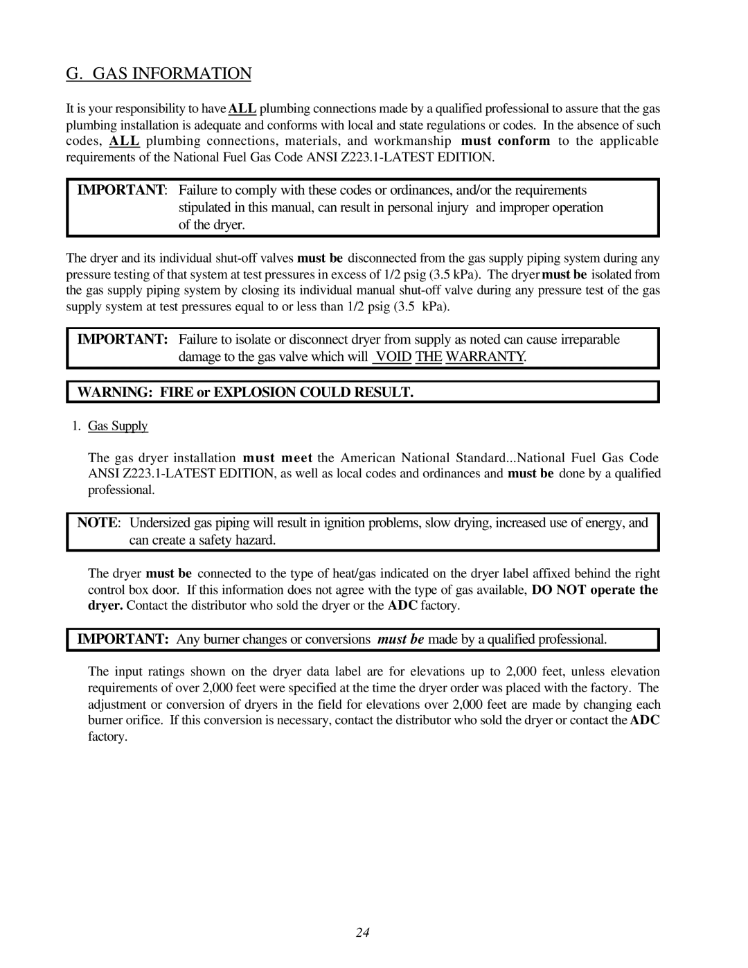 American Dryer Corp ADG-78 II installation manual GAS Information 