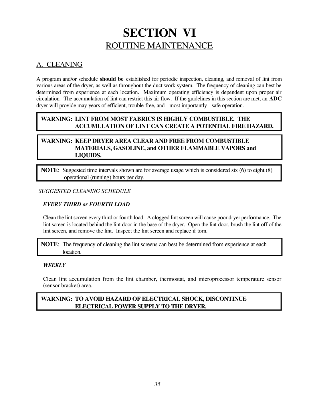 American Dryer Corp ADG-78 II installation manual Routine Maintenance, Cleaning 