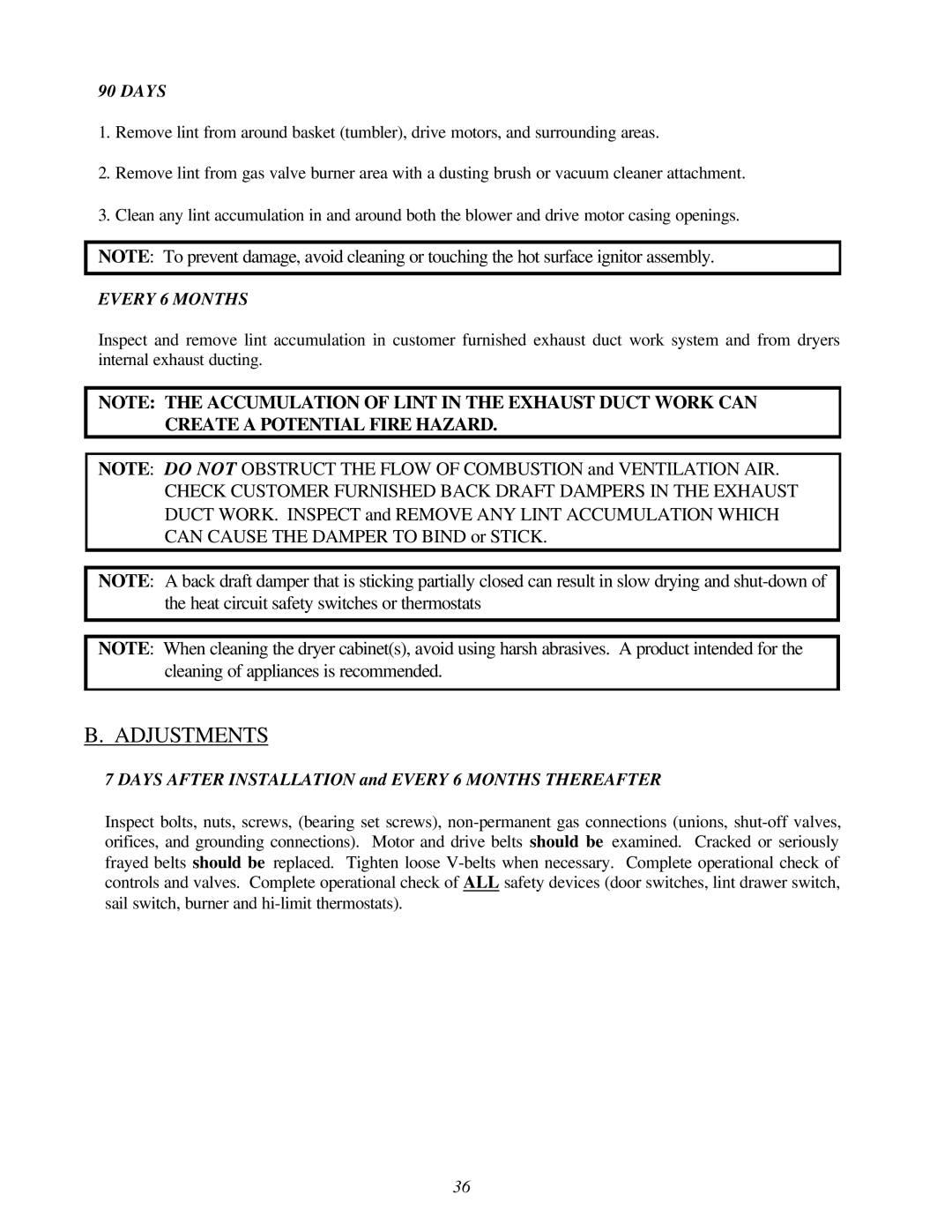 American Dryer Corp ADG-78 II installation manual Adjustments, Days 