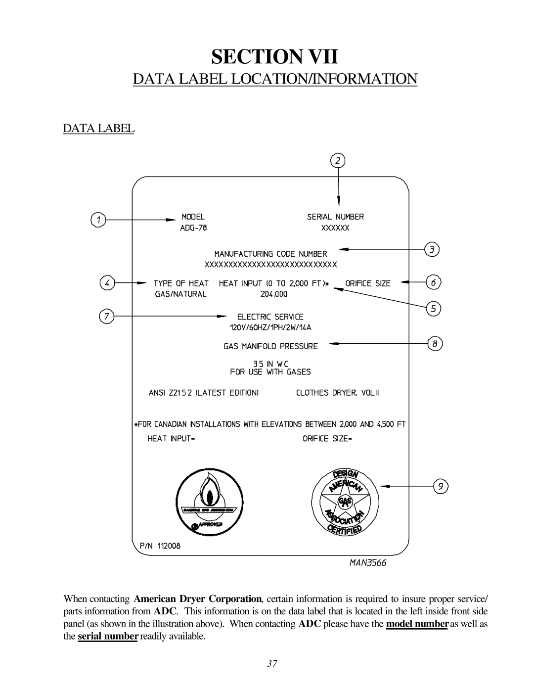 American Dryer Corp ADG-78 II installation manual Data Label LOCATION/INFORMATION 