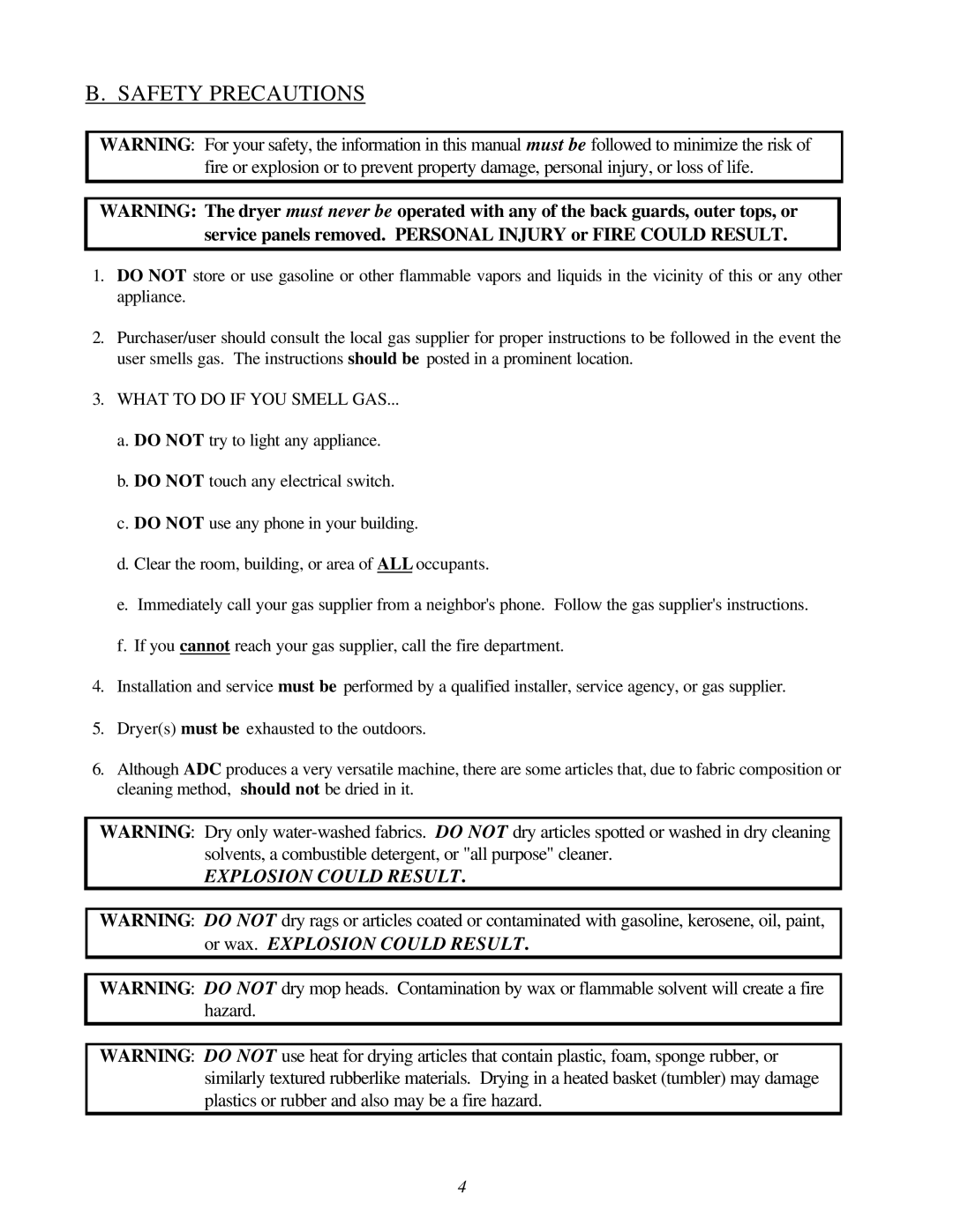 American Dryer Corp ADG-78 II installation manual Safety Precautions, What to do if YOU Smell GAS 