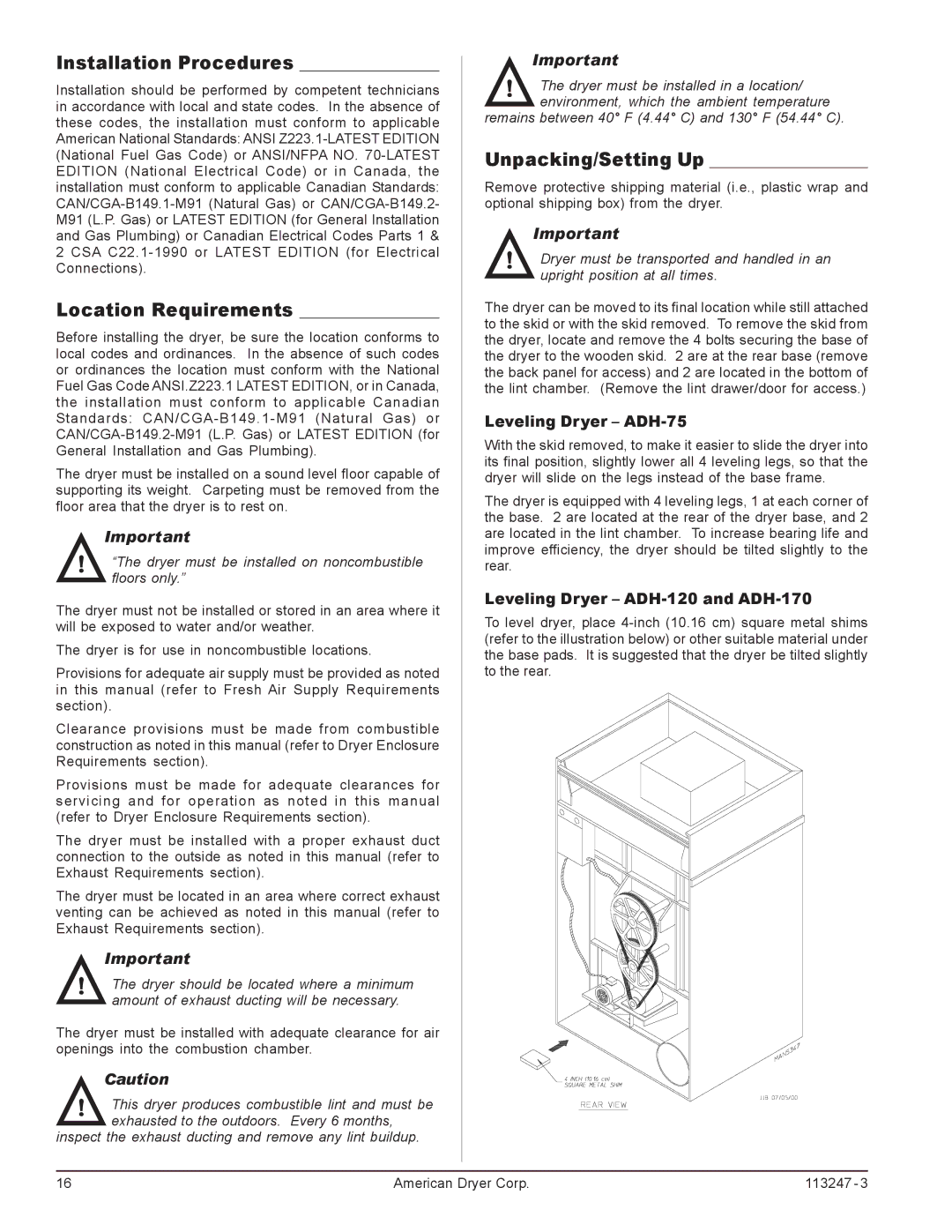 American Dryer Corp ADH-120 Installation Procedures, Location Requirements, Unpacking/Setting Up, Leveling Dryer ADH-75 