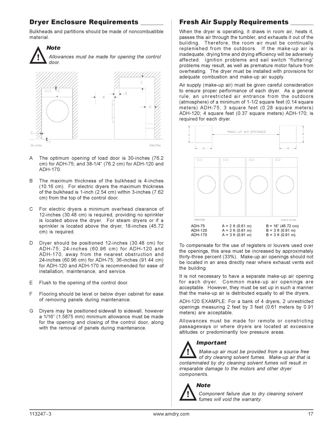 American Dryer Corp ADH-75, ADH-170, ADH-120 installation manual Dryer Enclosure Requirements, Fresh Air Supply Requirements 