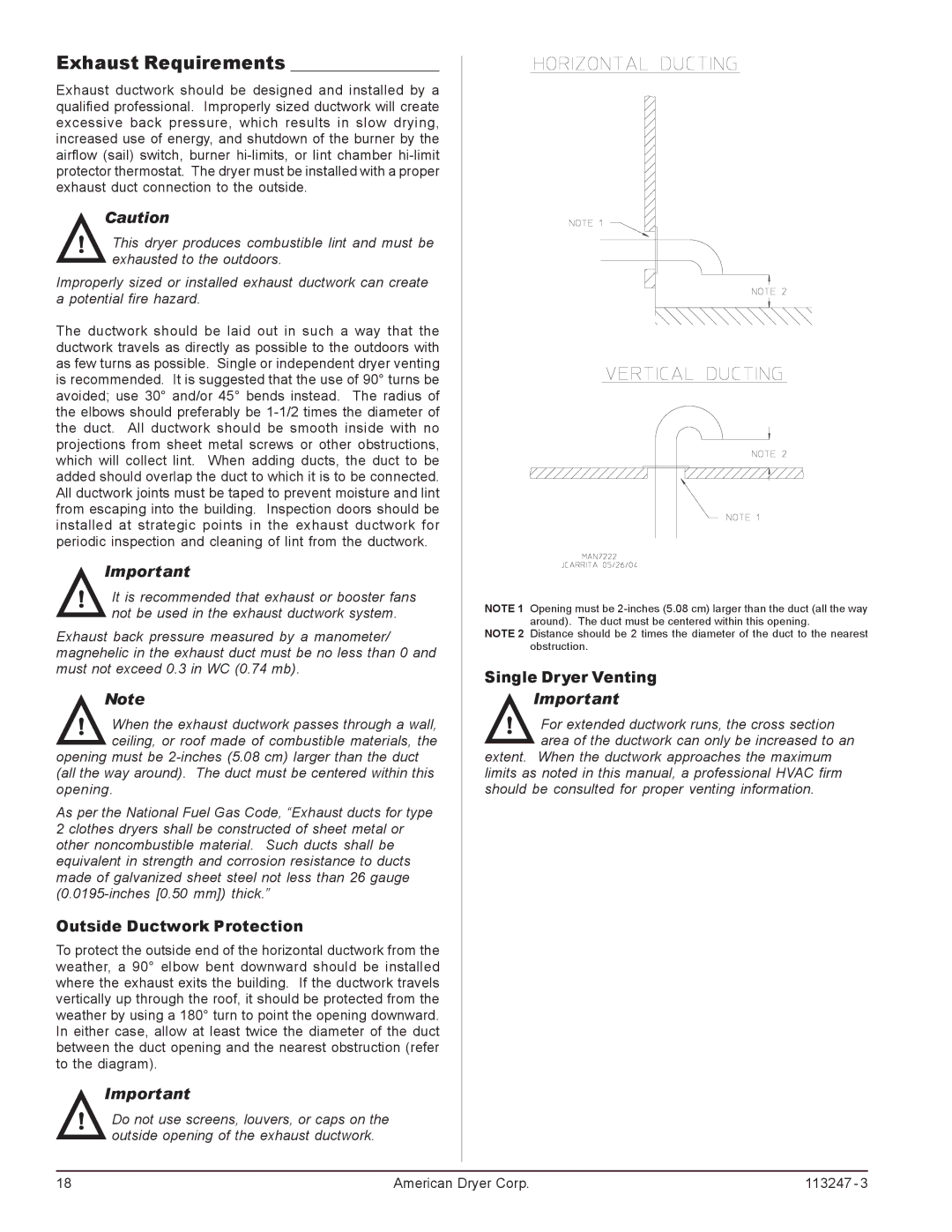 American Dryer Corp ADH-170, ADH-120, ADH-75 Exhaust Requirements, Outside Ductwork Protection, Single Dryer Venting 