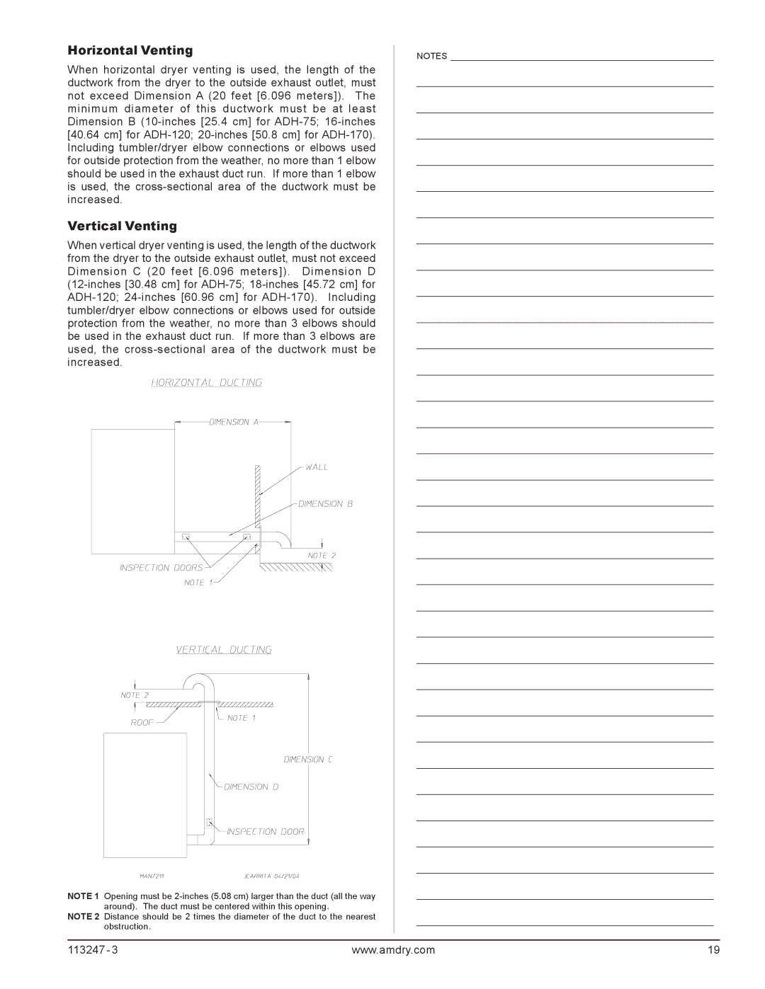 American Dryer Corp ADH-120, ADH-170, ADH-75 installation manual Horizontal Venting, Vertical Venting 