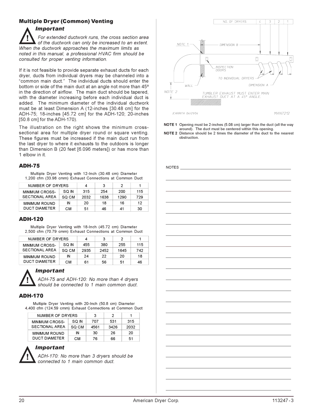 American Dryer Corp ADH-75 installation manual Multiple Dryer Common Venting, ADH-120, ADH-170 